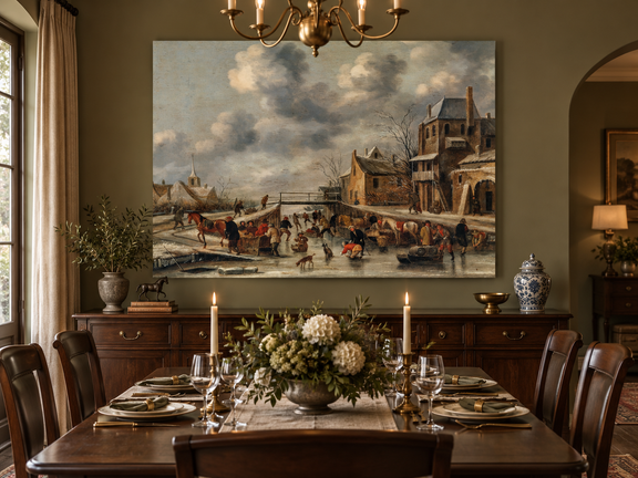 Hand-painted Winter Canal Market Village Scene landscape oil painting displayed as wall art in a styled interior
