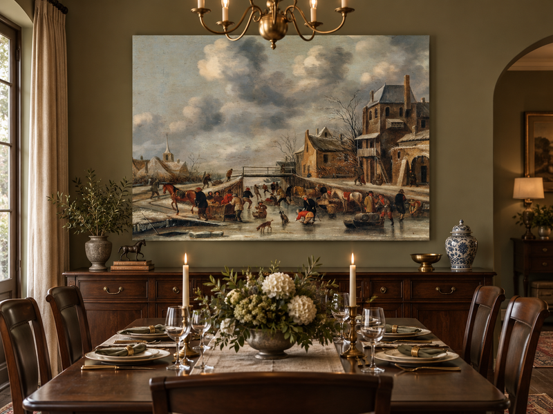 Hand-painted Winter Canal Market Village Scene landscape oil painting displayed as wall art in a styled interior