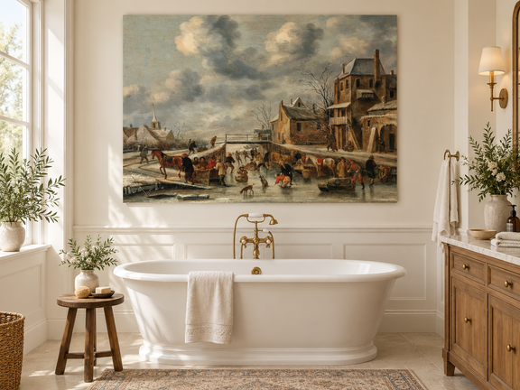 Hand-painted Winter Canal Market Village Scene landscape oil painting displayed as wall art in a styled interior