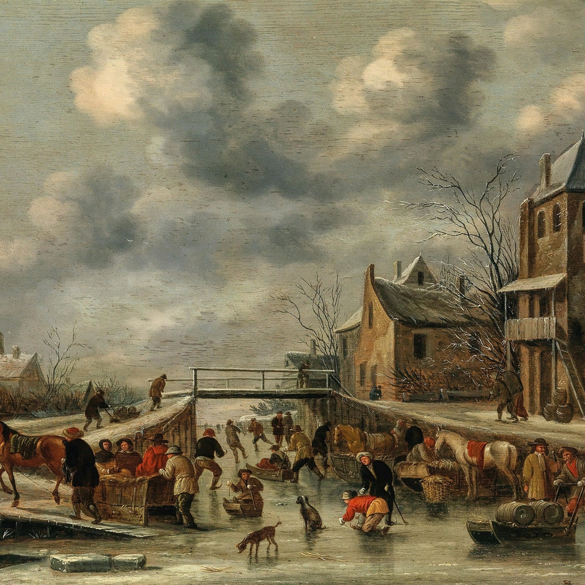 Hand-painted winter canal market village scene landscape oil painting on canvas