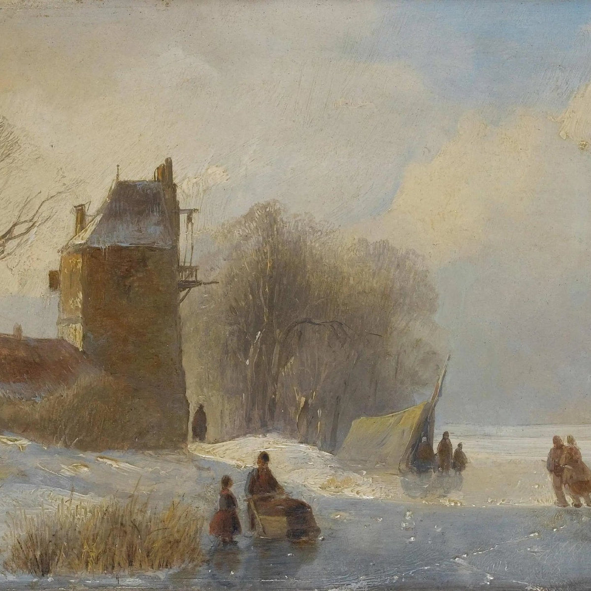 Landscape Oil Painting - Winter Canal Scene with Windmill & Figures - Oil Painting Haven