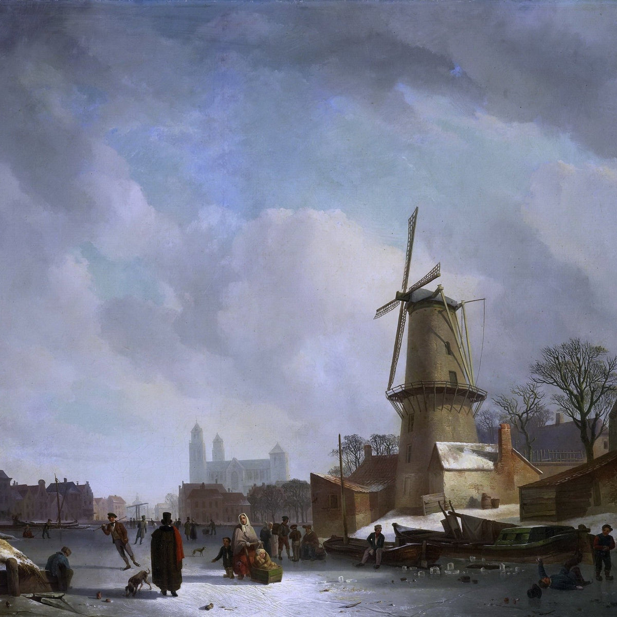 Hand-painted winter canal scene with windmill landscape oil painting on canvas