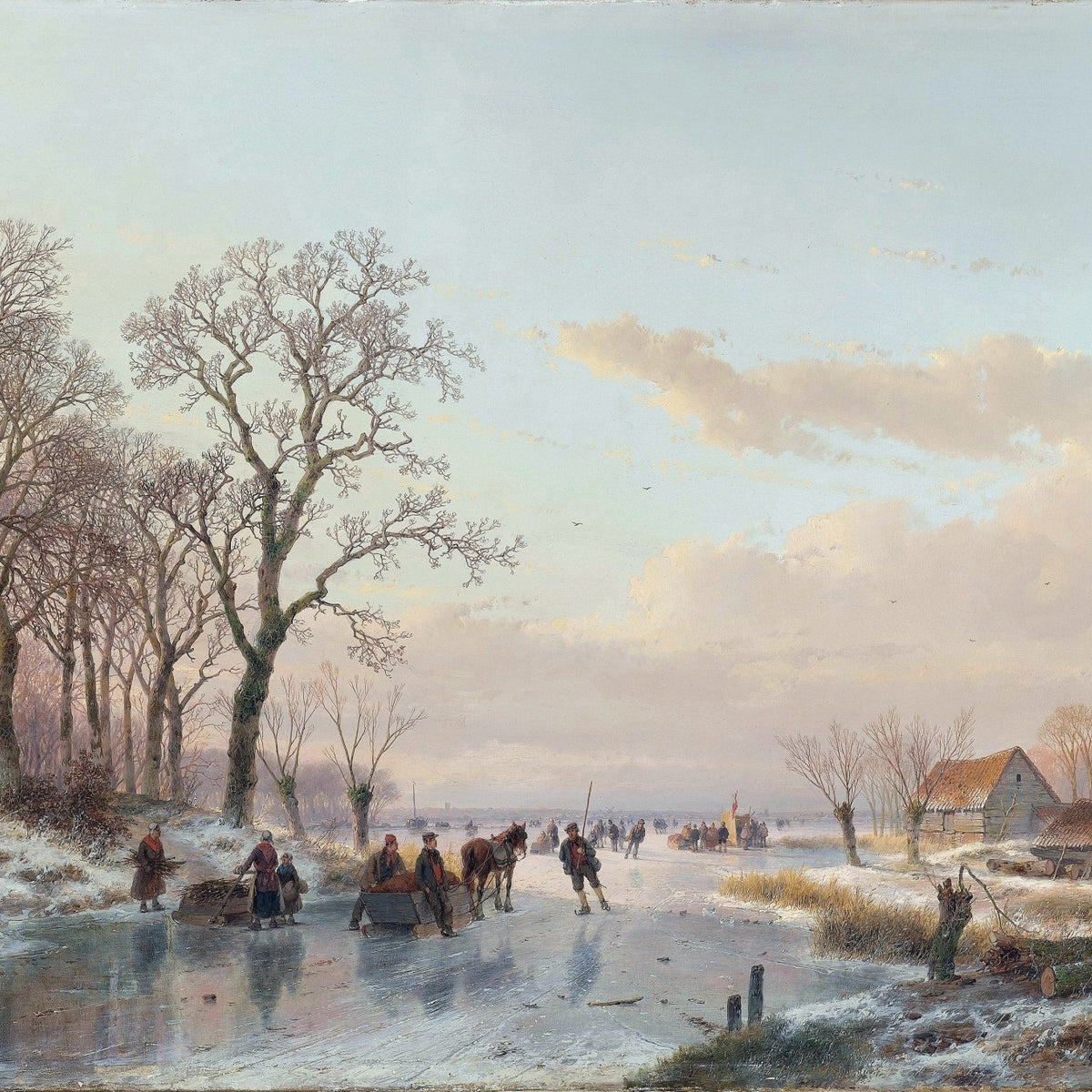 Hand-painted winter canal skaters and village cottages landscape oil painting on canvas