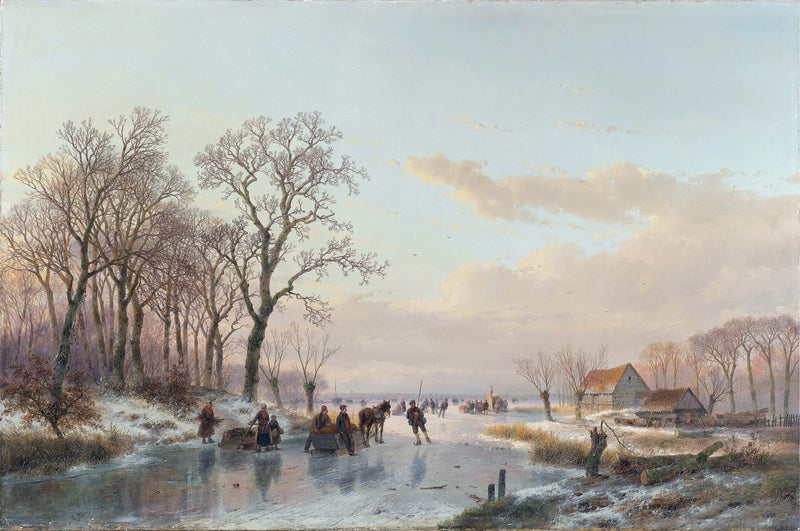 Hand-painted winter canal skaters and village cottages landscape oil painting on canvas