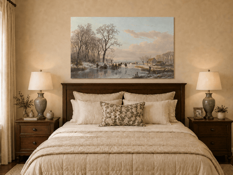 Landscape Oil Painting - Winter Canal Skaters & Village Cottages