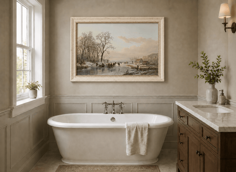 Landscape Oil Painting - Winter Canal Skaters & Village Cottages