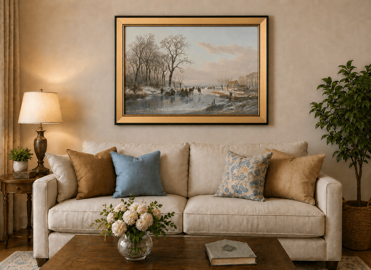Landscape Oil Painting - Winter Canal Skaters & Village Cottages