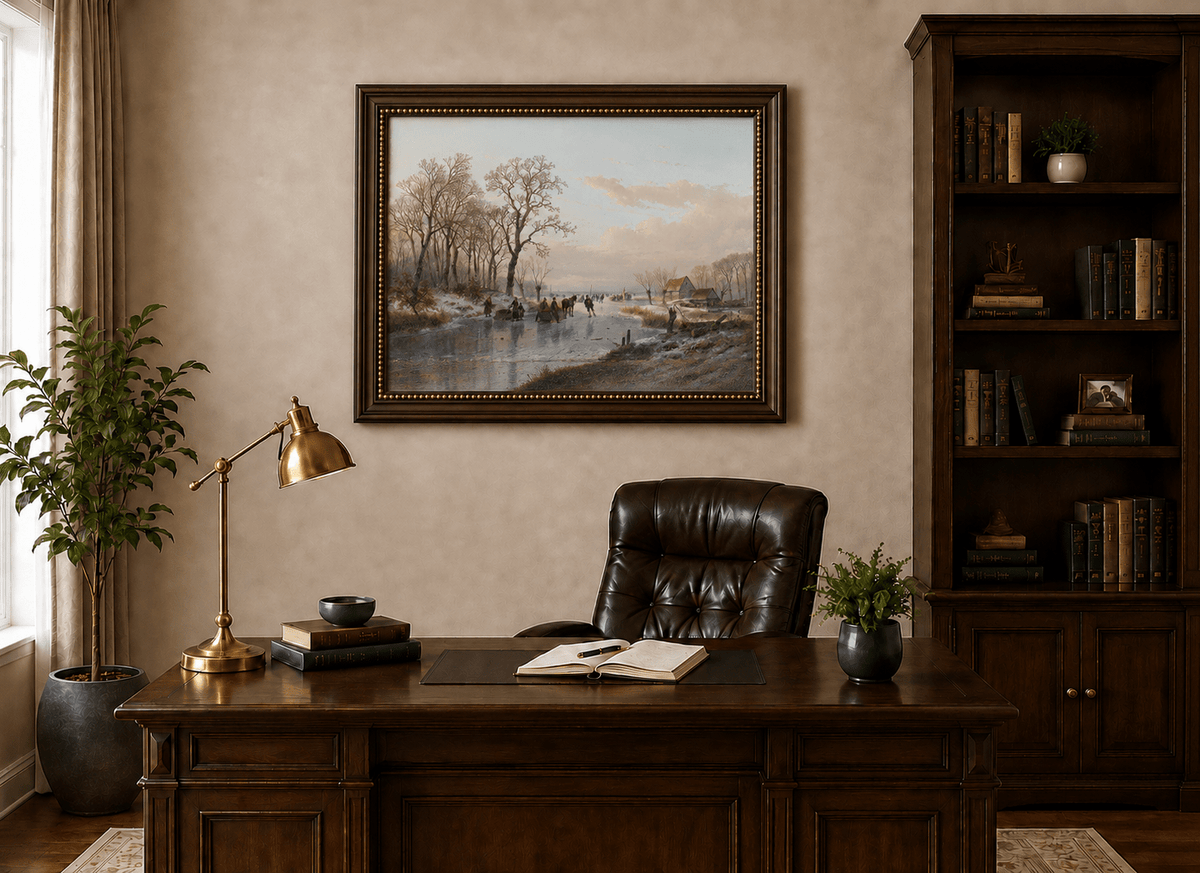 Landscape Oil Painting - Winter Canal Skaters & Village Cottages