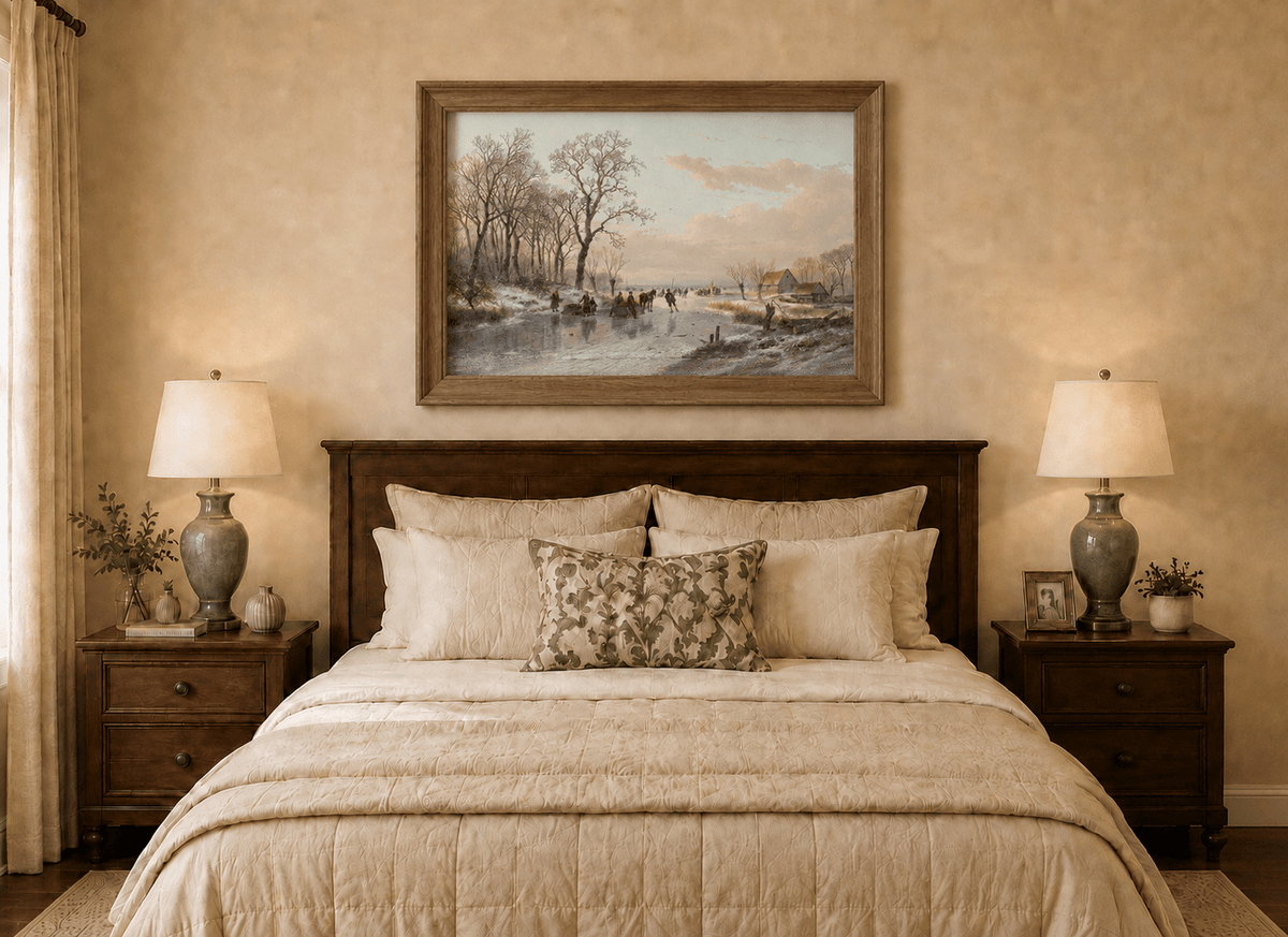 Landscape Oil Painting - Winter Canal Skaters & Village Cottages
