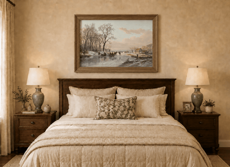 Landscape Oil Painting - Winter Canal Skaters & Village Cottages