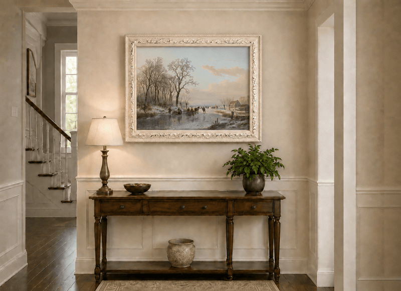 Landscape Oil Painting - Winter Canal Skaters & Village Cottages