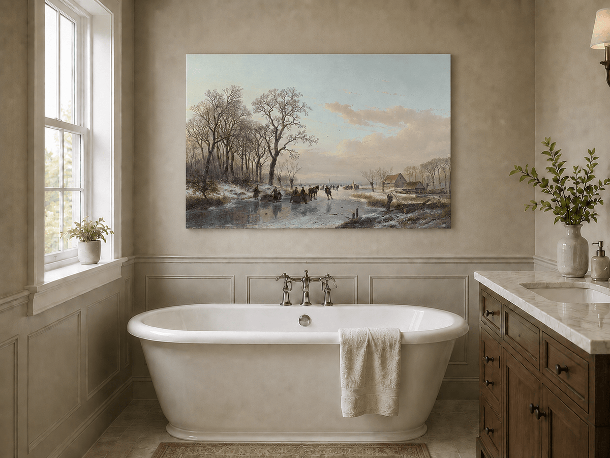 Landscape Oil Painting - Winter Canal Skaters & Village Cottages