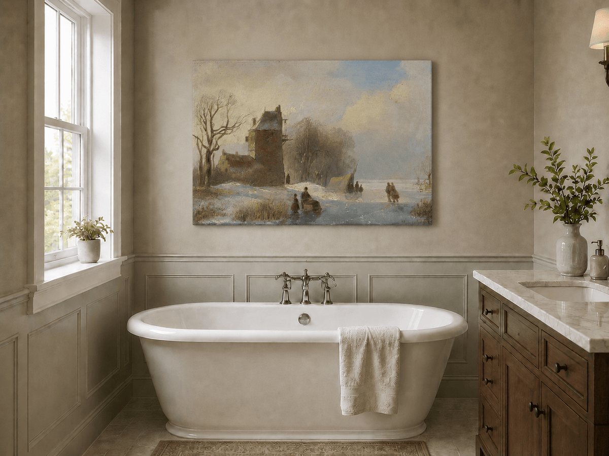 Landscape Oil Painting - Winter Canal Windmill & Figures