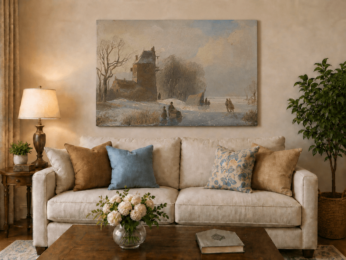 Landscape Oil Painting - Winter Canal Windmill & Figures