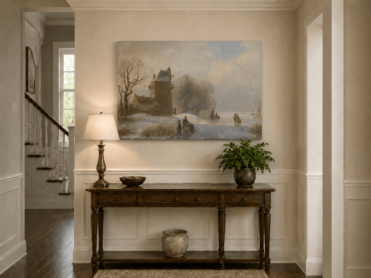 Landscape Oil Painting - Winter Canal Windmill & Figures