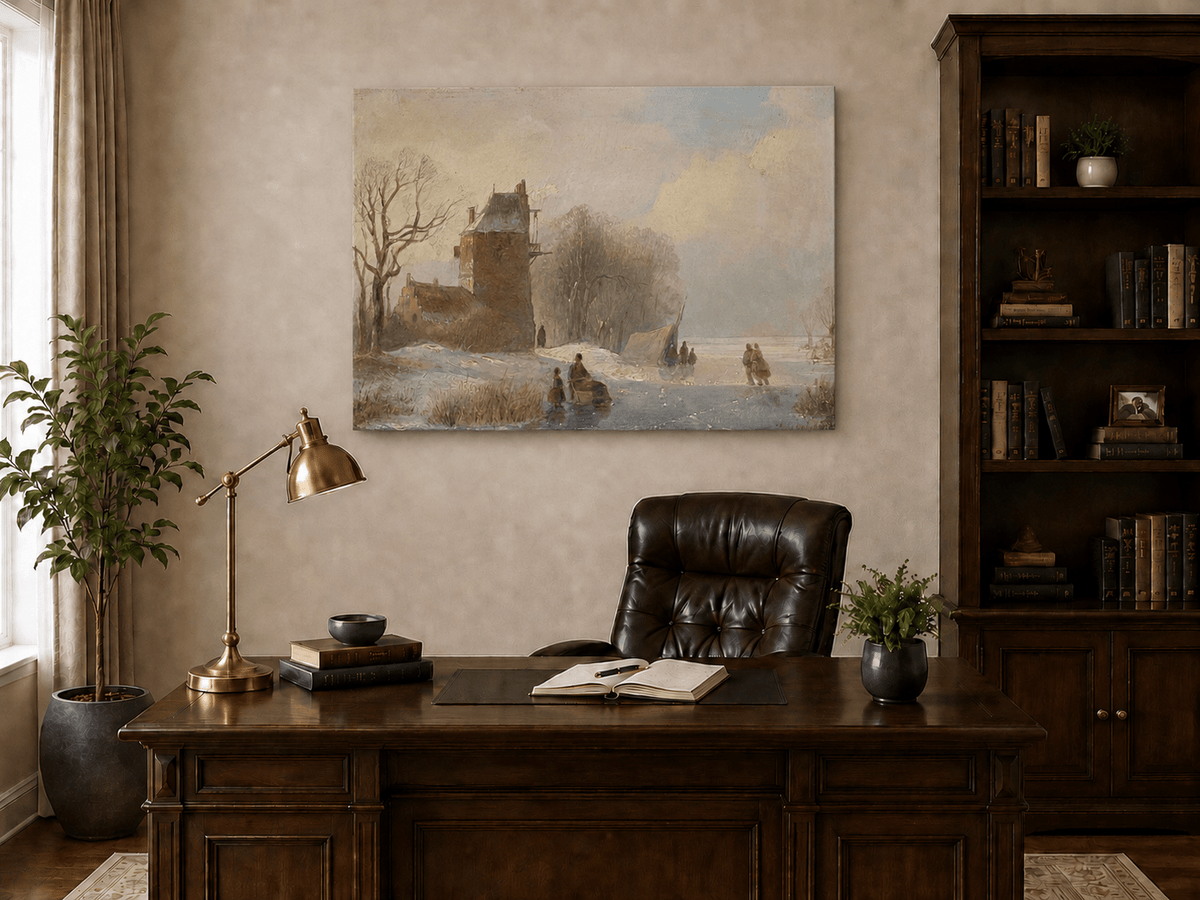 Landscape Oil Painting - Winter Canal Windmill & Figures