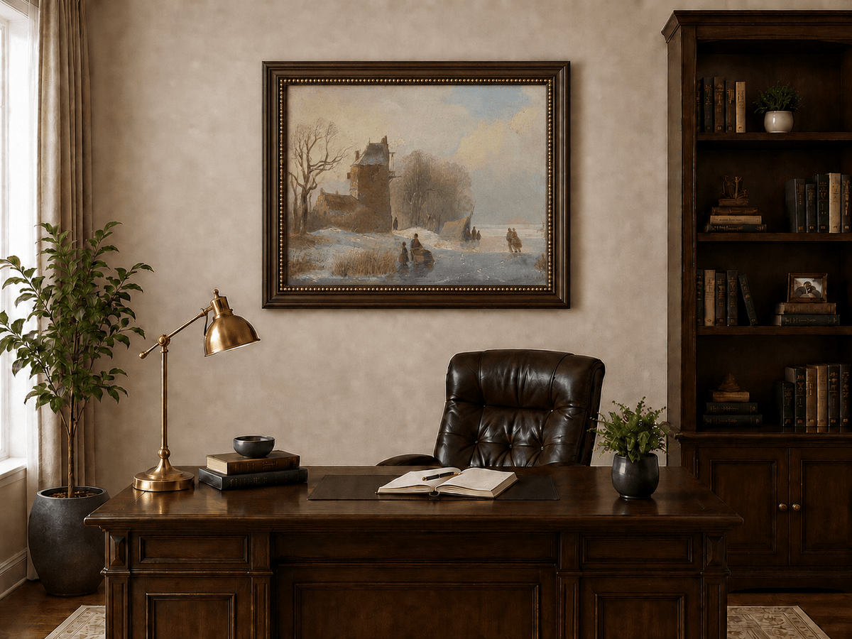 Landscape Oil Painting - Winter Canal Windmill & Figures
