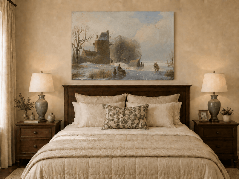 Landscape Oil Painting - Winter Canal Windmill & Figures