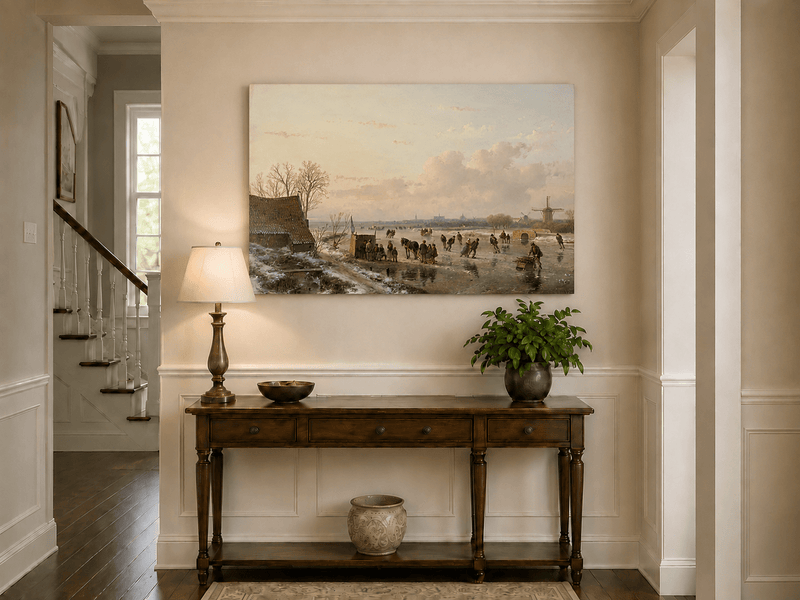 Peinture à l'huile de paysage - Canal d'hiver avec patineurs et moulin à vent