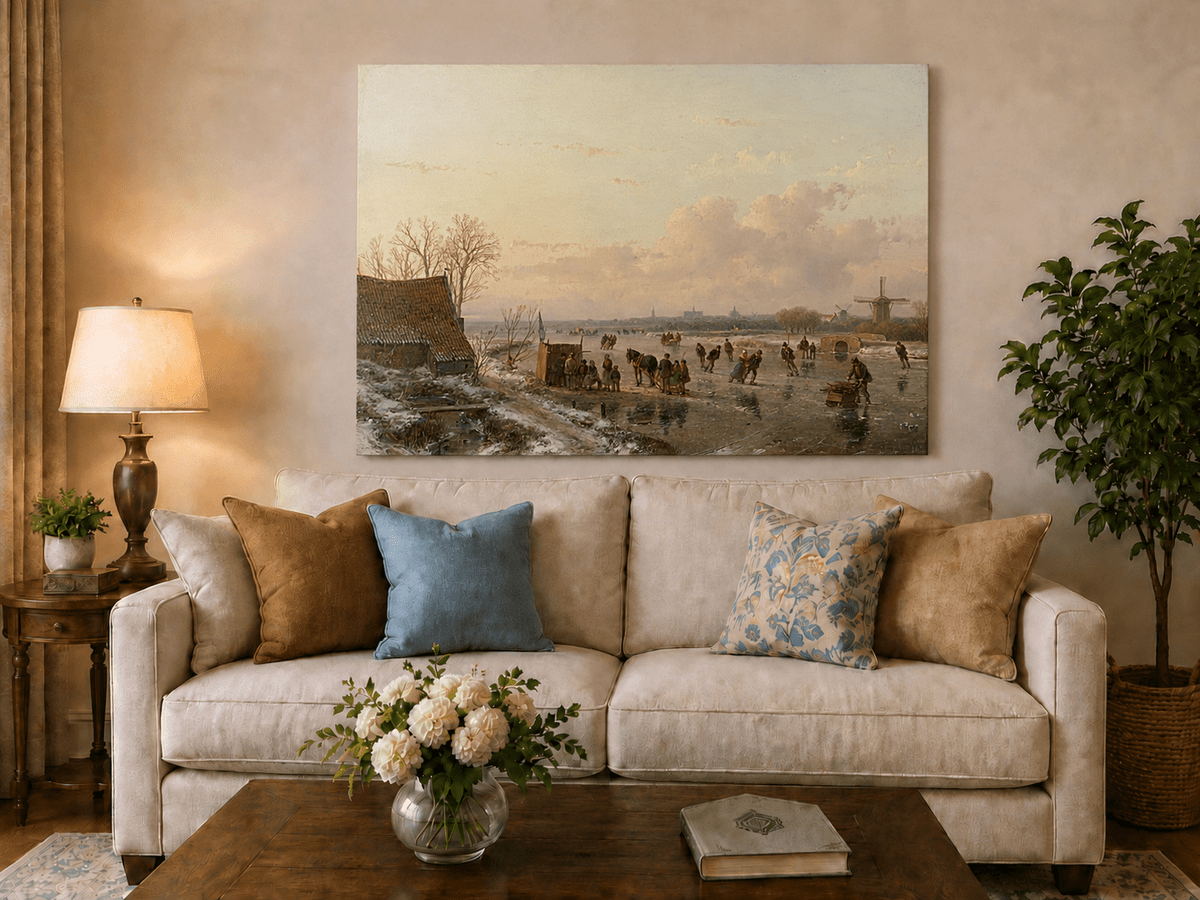 Peinture à l'huile de paysage - Canal d'hiver avec patineurs et moulin à vent