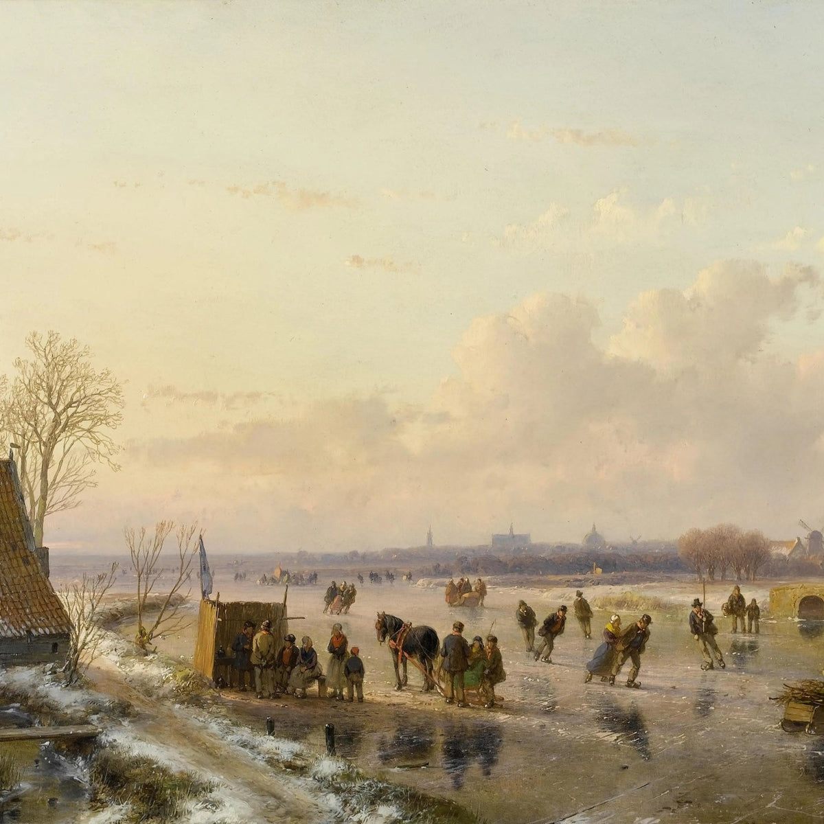 Landscape Oil Painting - Winter Canal with Skaters & Windmill - Oil Painting Haven