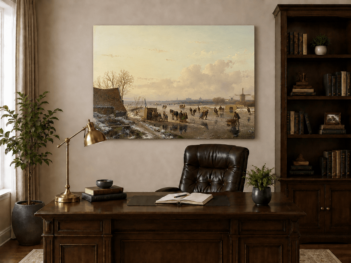 Peinture à l'huile de paysage - Canal d'hiver avec patineurs et moulin à vent