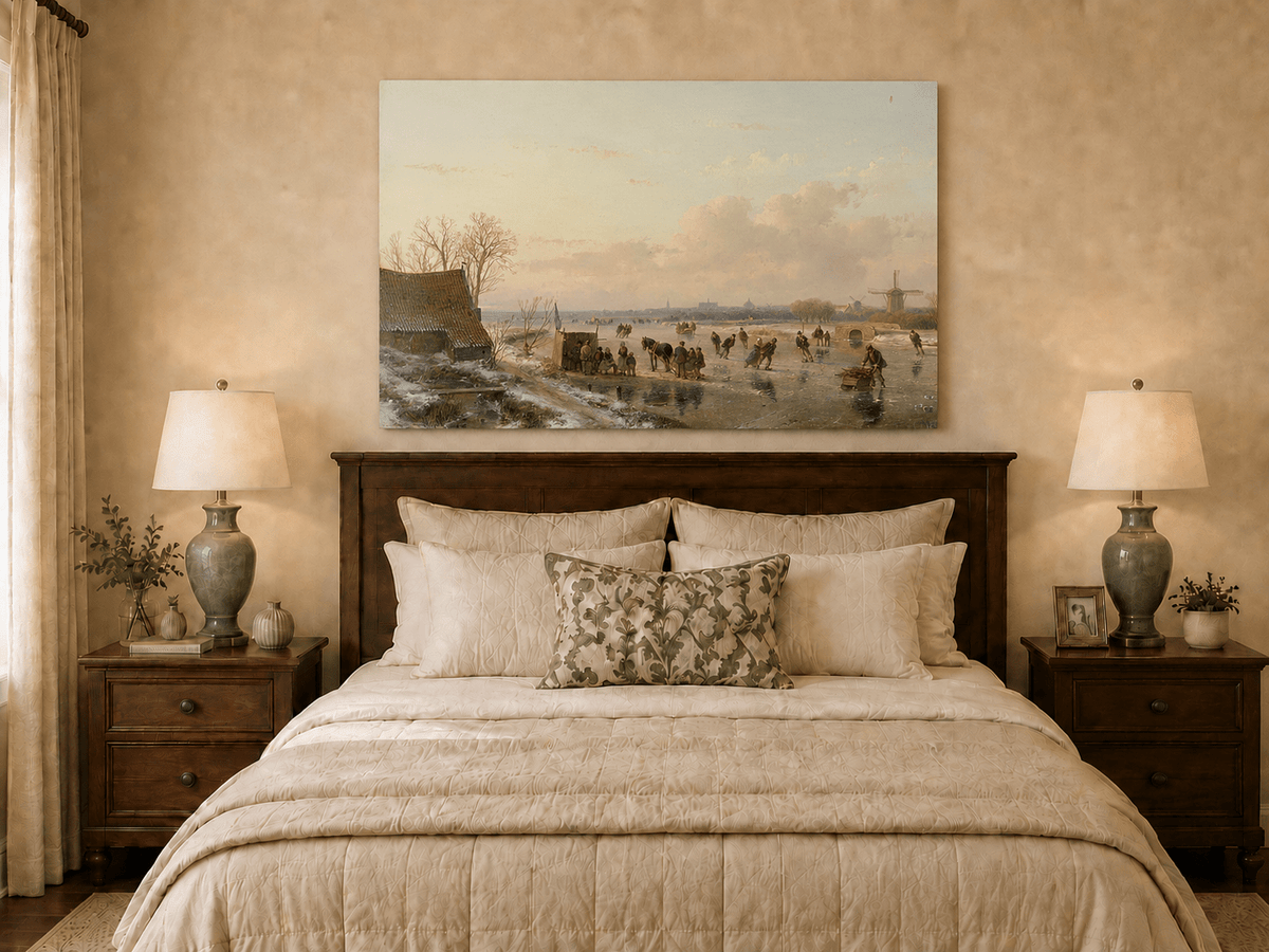 Peinture à l'huile de paysage - Canal d'hiver avec patineurs et moulin à vent