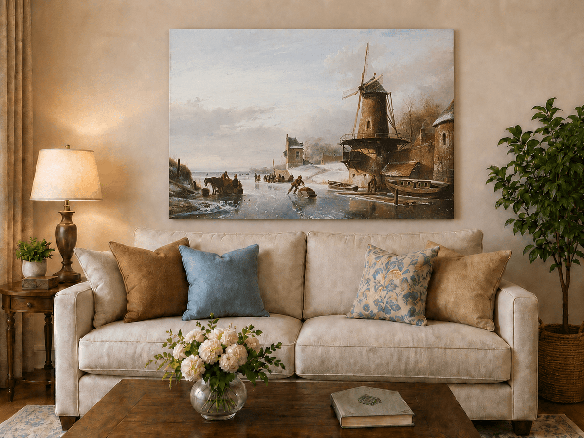 Peinture à l'huile de paysage - Canal d'hiver avec moulin à vent et personnages