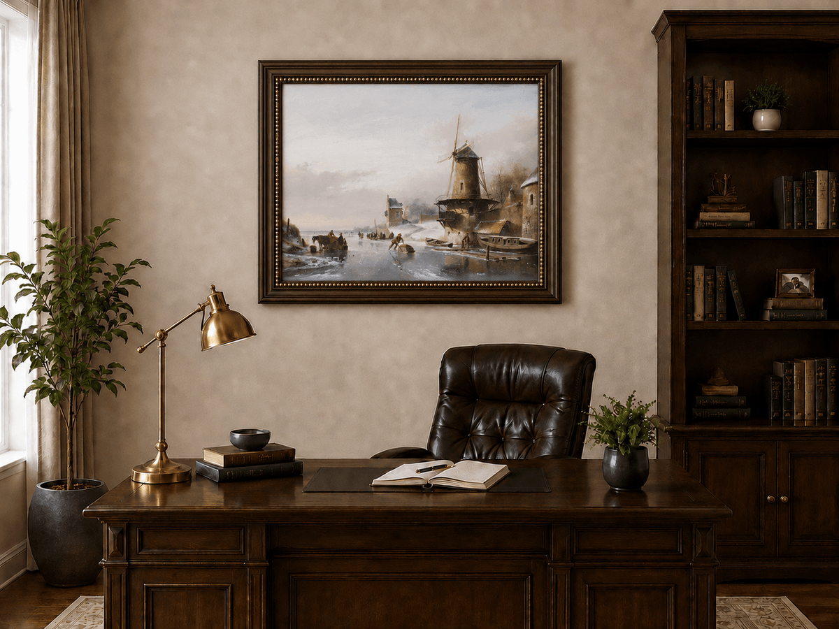 Peinture à l'huile de paysage - Canal d'hiver avec moulin à vent et personnages