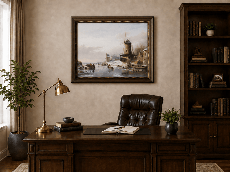 Peinture à l'huile de paysage - Canal d'hiver avec moulin à vent et personnages
