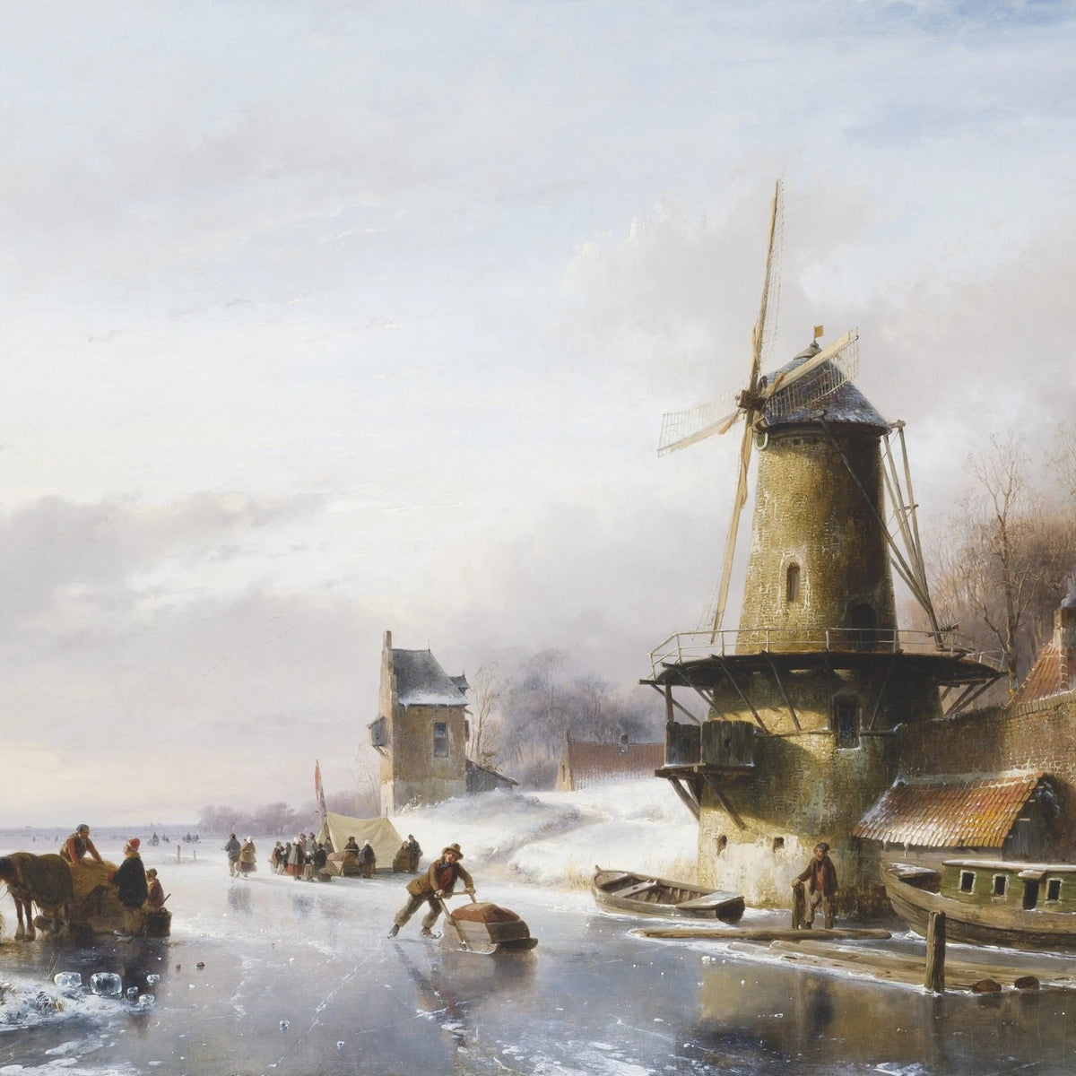 Landscape Oil Painting - Winter Canal with Windmill & Figures - Oil Painting Haven