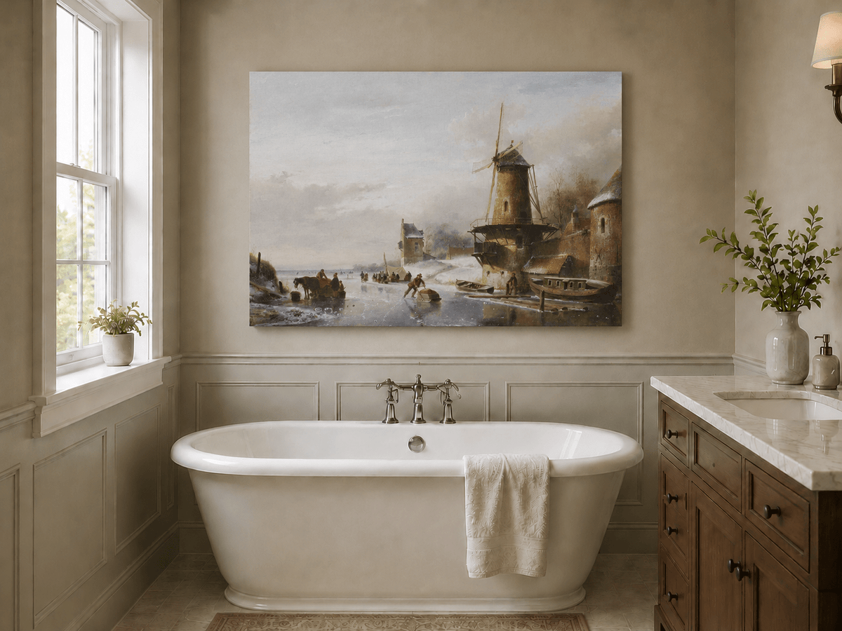 Peinture à l'huile de paysage - Canal d'hiver avec moulin à vent et personnages
