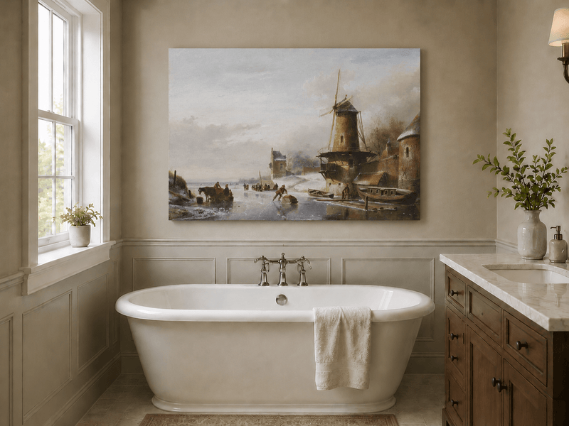 Peinture à l'huile de paysage - Canal d'hiver avec moulin à vent et personnages
