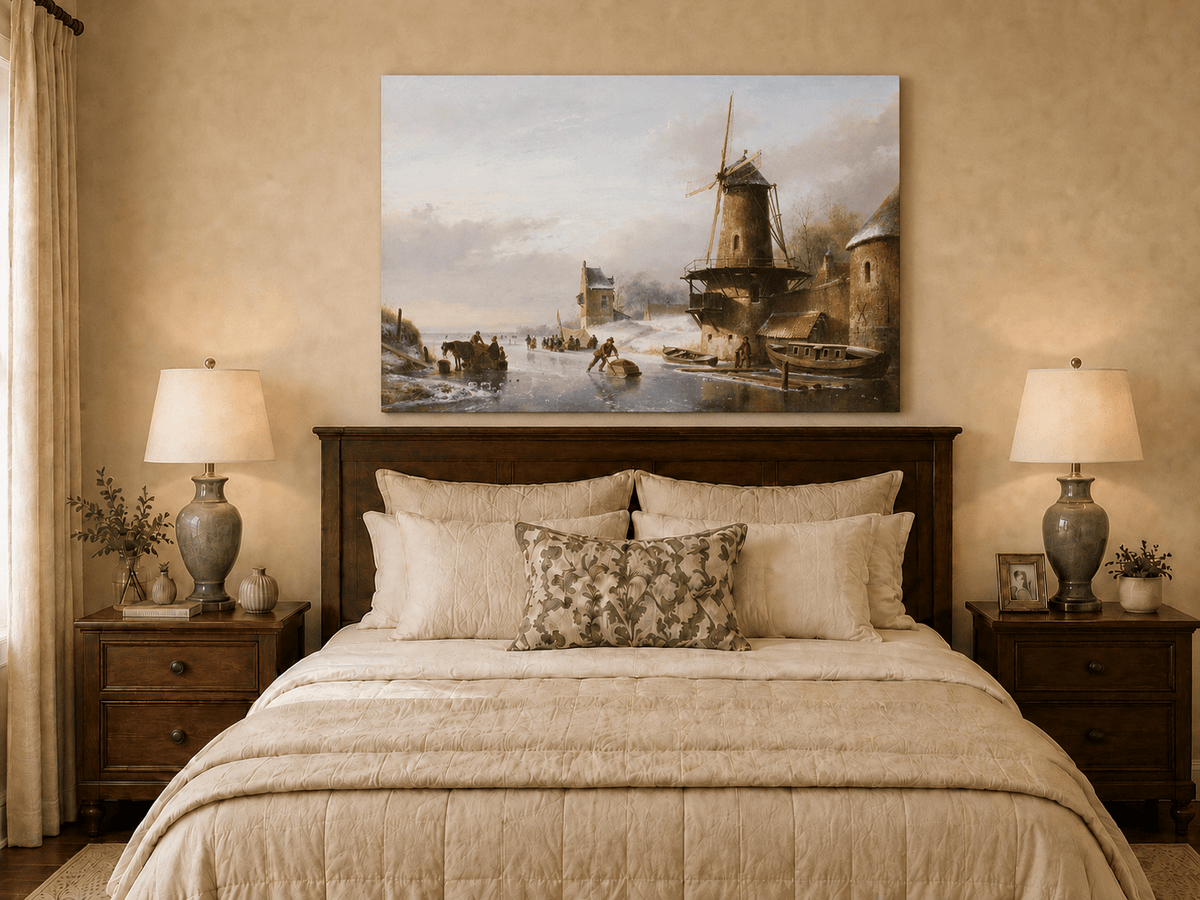 Peinture à l'huile de paysage - Canal d'hiver avec moulin à vent et personnages