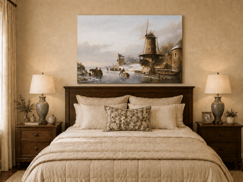 Peinture à l'huile de paysage - Canal d'hiver avec moulin à vent et personnages