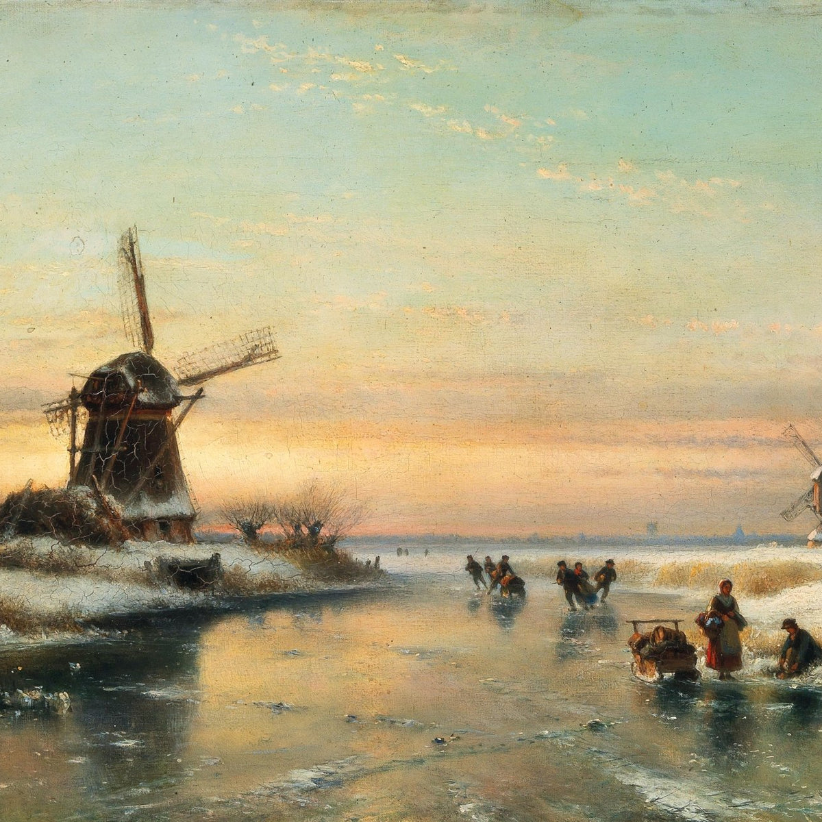 Landscape Oil Painting - Winter Canal with Windmills at Sunset - Oil Painting Haven