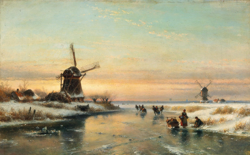 Landscape Oil Painting - Winter Canal with Windmills at Sunset - Oil Painting Haven