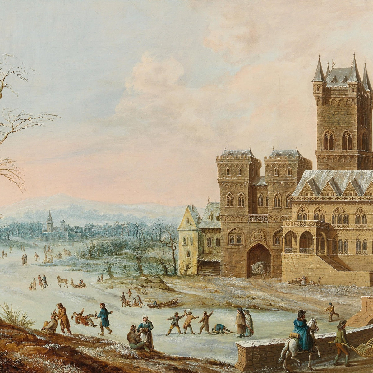 Hand-painted winter castle and frozen river landscape oil painting on canvas