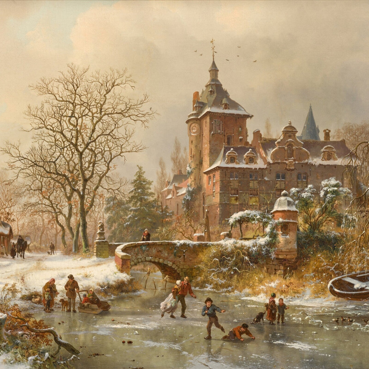 Landscape Oil Painting - Winter Castle and Ice Skaters Scene - Oil Painting Haven