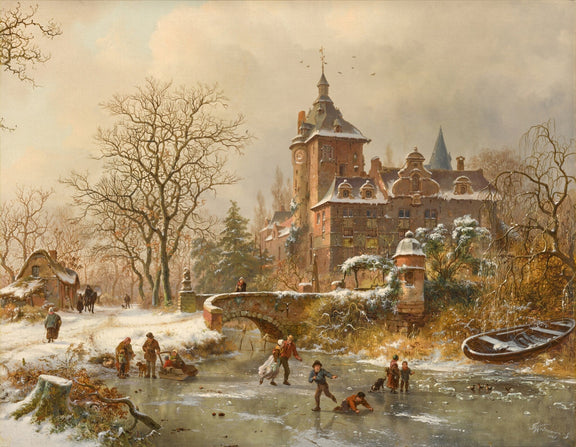 Landscape Oil Painting - Winter Castle and Ice Skaters Scene - Oil Painting Haven