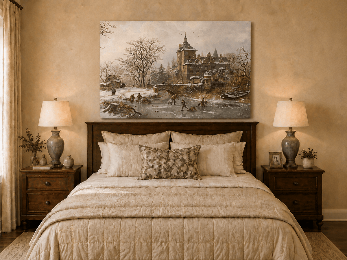 Landscape Oil Painting - Winter Castle and Ice Skaters Scene