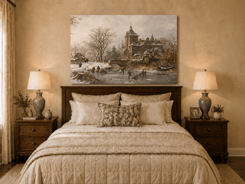 Landscape Oil Painting - Winter Castle and Ice Skaters Scene