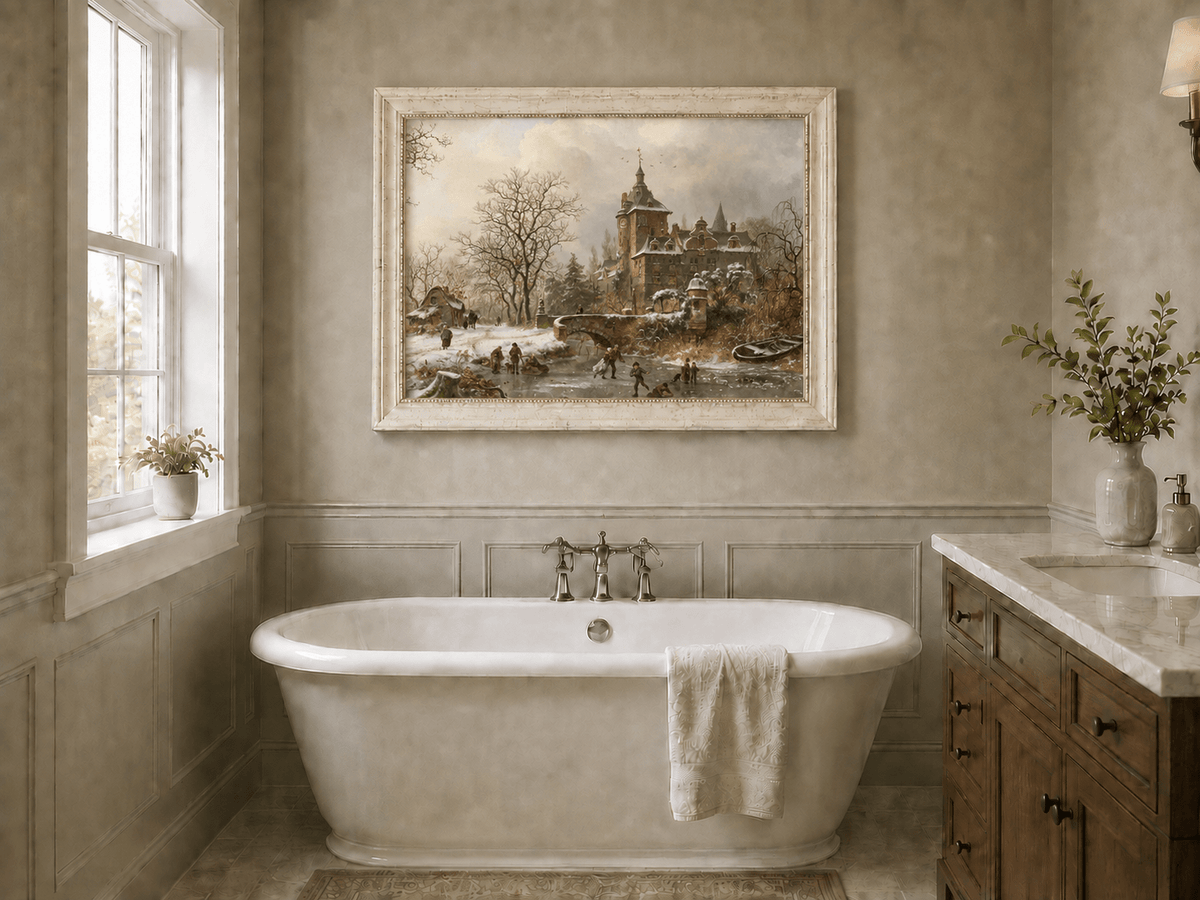 Landscape Oil Painting - Winter Castle and Ice Skaters Scene