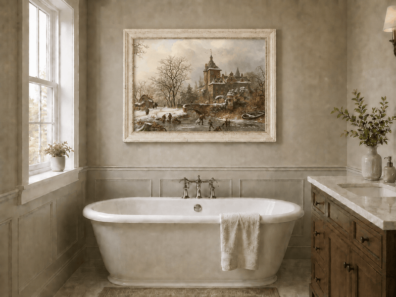 Landscape Oil Painting - Winter Castle and Ice Skaters Scene
