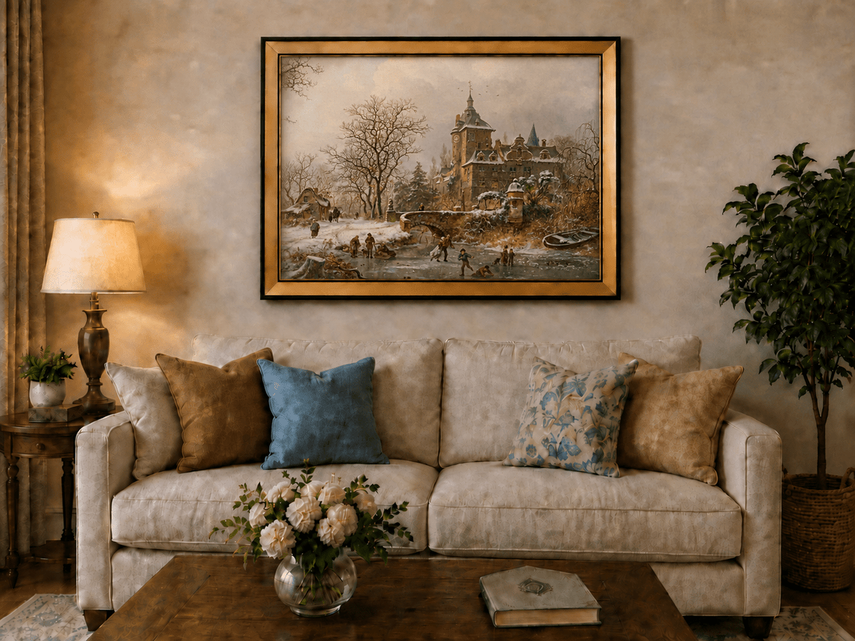 Landscape Oil Painting - Winter Castle and Ice Skaters Scene