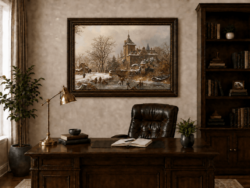 Landscape Oil Painting - Winter Castle and Ice Skaters Scene