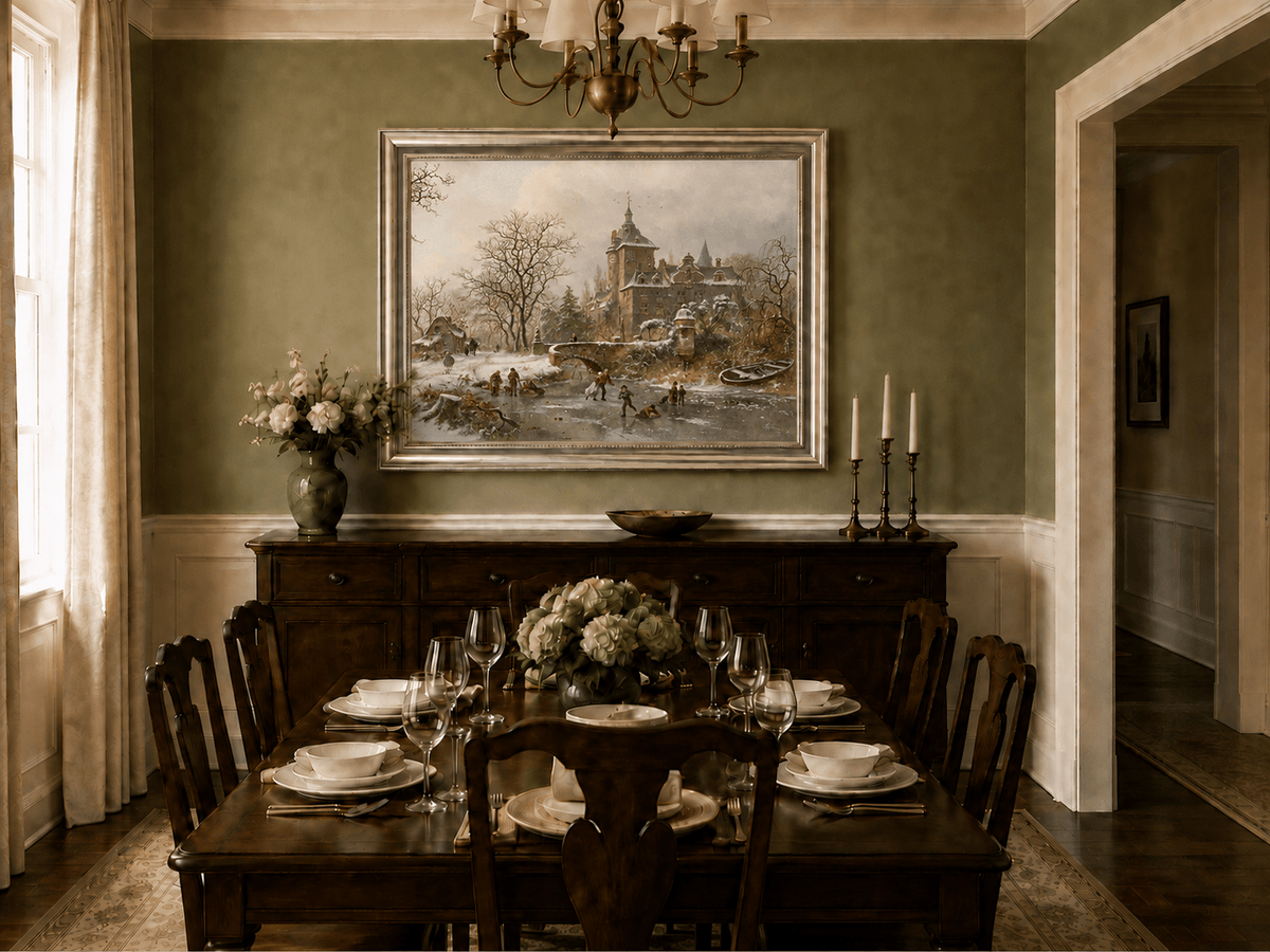 Landscape Oil Painting - Winter Castle and Ice Skaters Scene