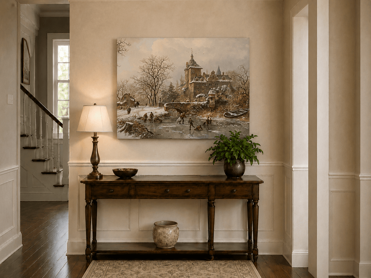 Landscape Oil Painting - Winter Castle and Ice Skaters Scene