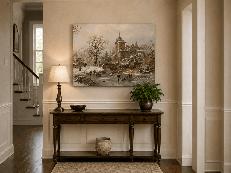 Landscape Oil Painting - Winter Castle and Ice Skaters Scene