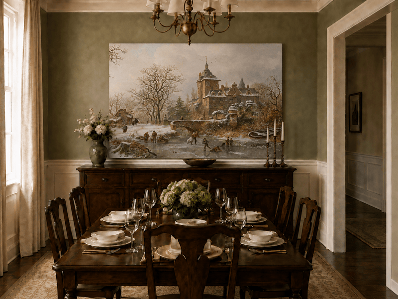 Landscape Oil Painting - Winter Castle and Ice Skaters Scene